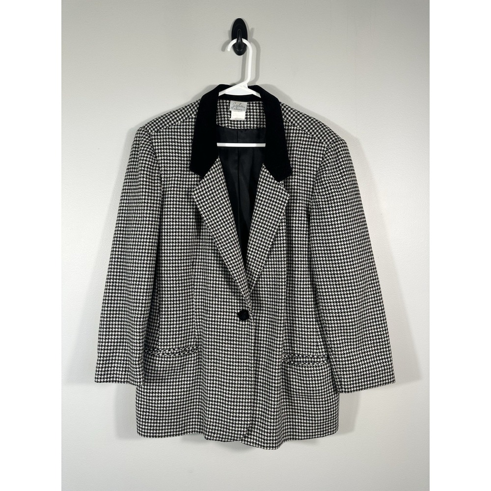 Jaclyn Smith Blazer 14 Black Houndstooth Classic Jacket Velvet Collar 90s Read